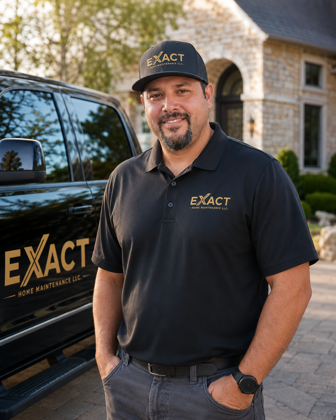 Josh VanBeek, owner of EXACT Home Maintenance, beside a branded truck